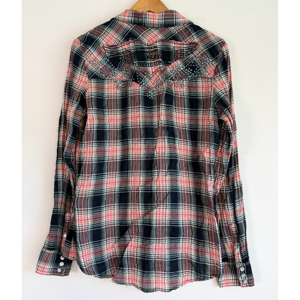 Harley Davidson Womens Plaid Embroidered Studs Shirt Medium Biker Moto - Picture 7 of 11